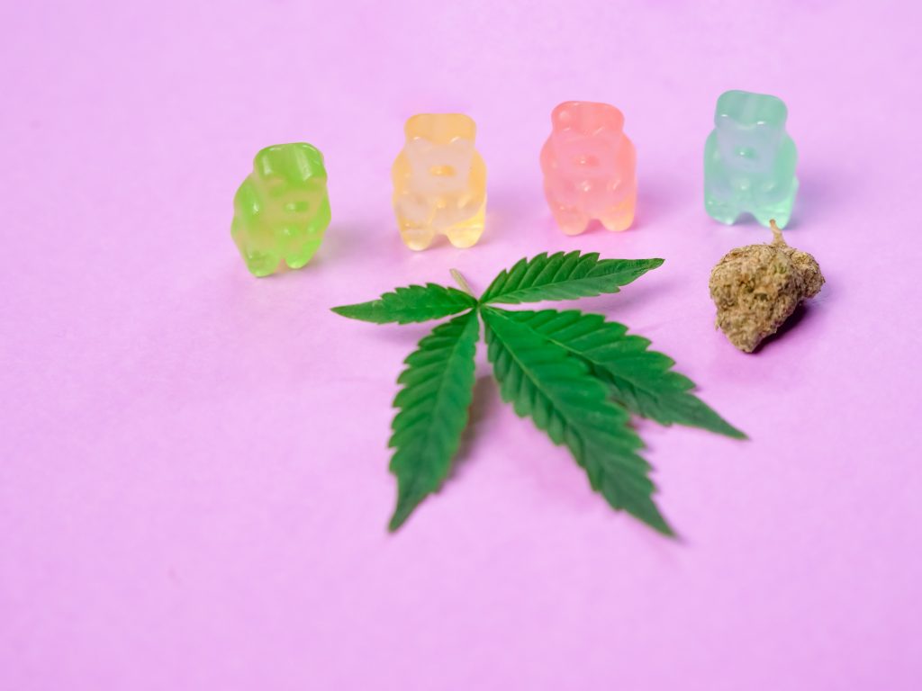 a weed leaf on a purple background with pastel coloured weed gummies and a nug of weed