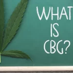 A teal chalkboard with 'WHAT IS CBG?' written in white. Beside it, there's a spoon of hemp seeds, cannabis leaves, and a small glass bottle with cannabis twigs.